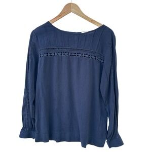 LOFT Navy Tunic Top Long Sleeve Blouse Crochet Trim‎ Casual Small Office Boho